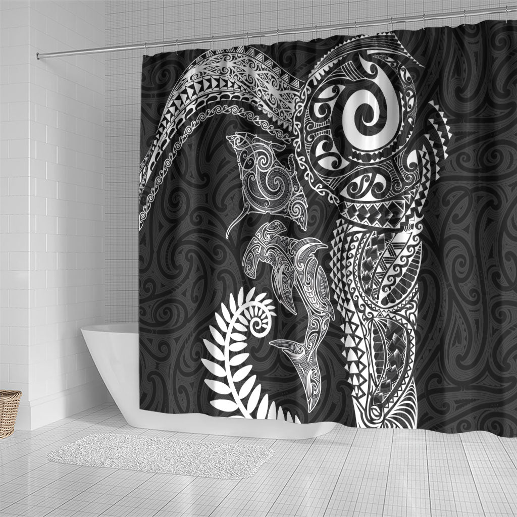 Aotearoa Maori Sea Animals Tribal Shower Curtain Manta Ray and Shark Moko Pattern Black Color