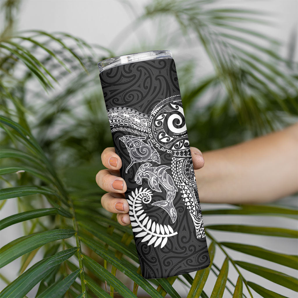 Aotearoa Maori Sea Animals Tribal Skinny Tumbler Manta Ray and Shark Moko Pattern Black Color