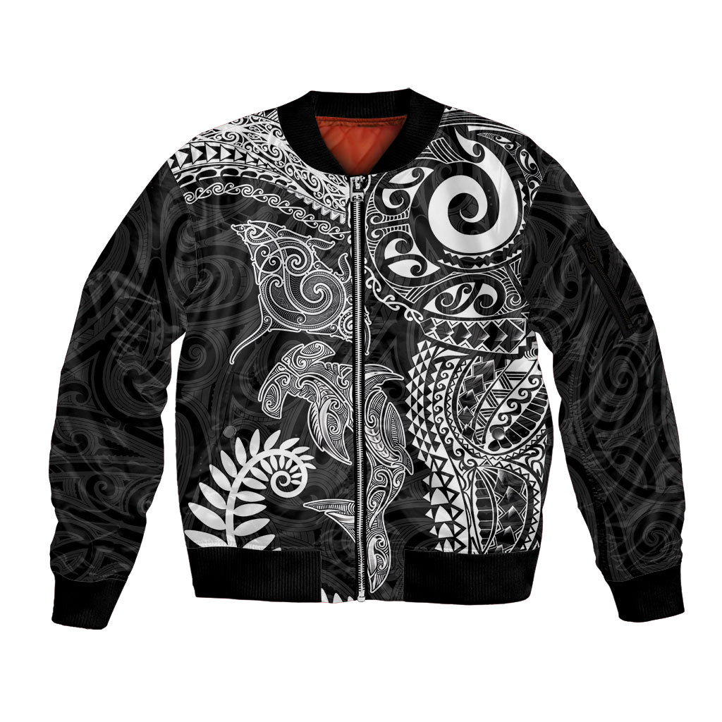 Aotearoa Maori Sea Animals Tribal Sleeve Zip Bomber Jacket Manta Ray and Shark Moko Pattern Black Color