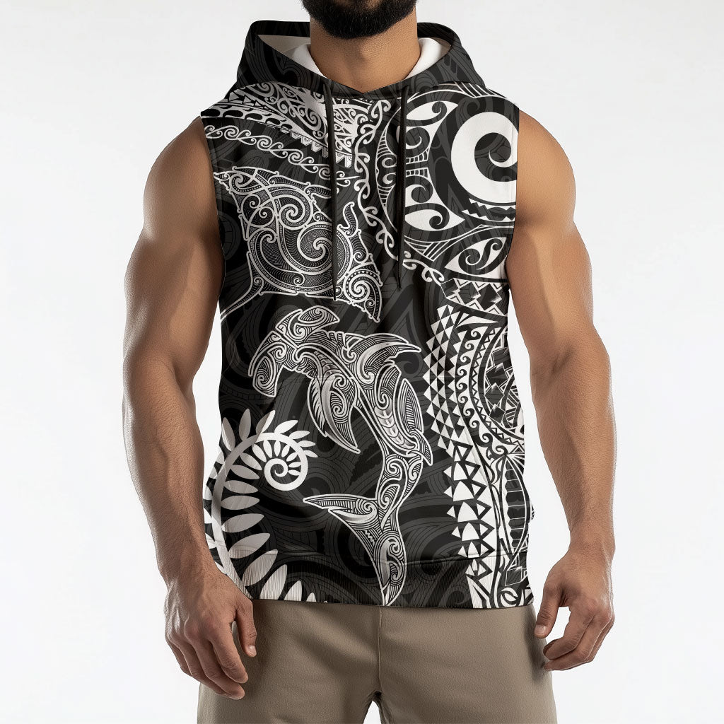 Aotearoa Maori Sea Animals Tribal Sleeveless Hoodie Manta Ray and Shark Moko Pattern Black Color