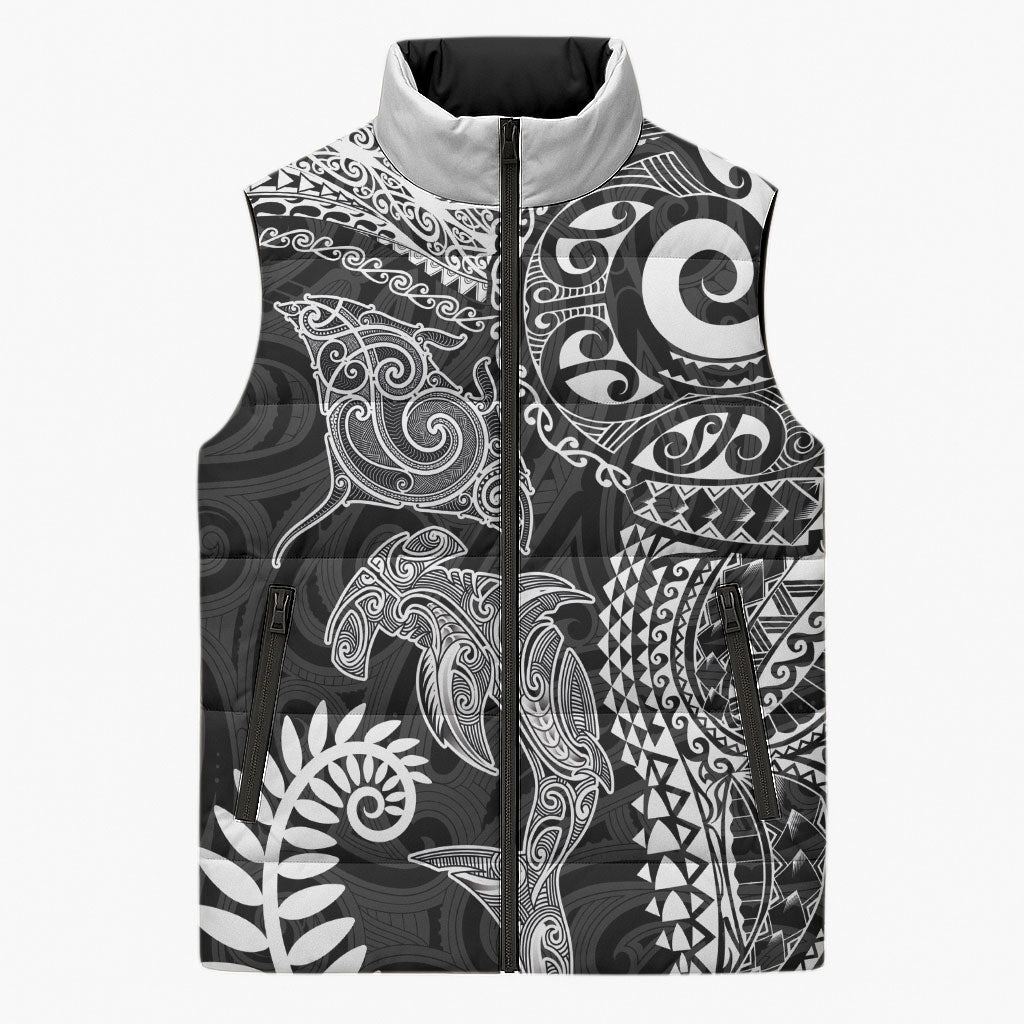 Aotearoa Maori Sea Animals Tribal Sleeveless Puffer Jacket Manta Ray and Shark Moko Pattern Black Color LT03 Unisex Black - Polynesian Pride