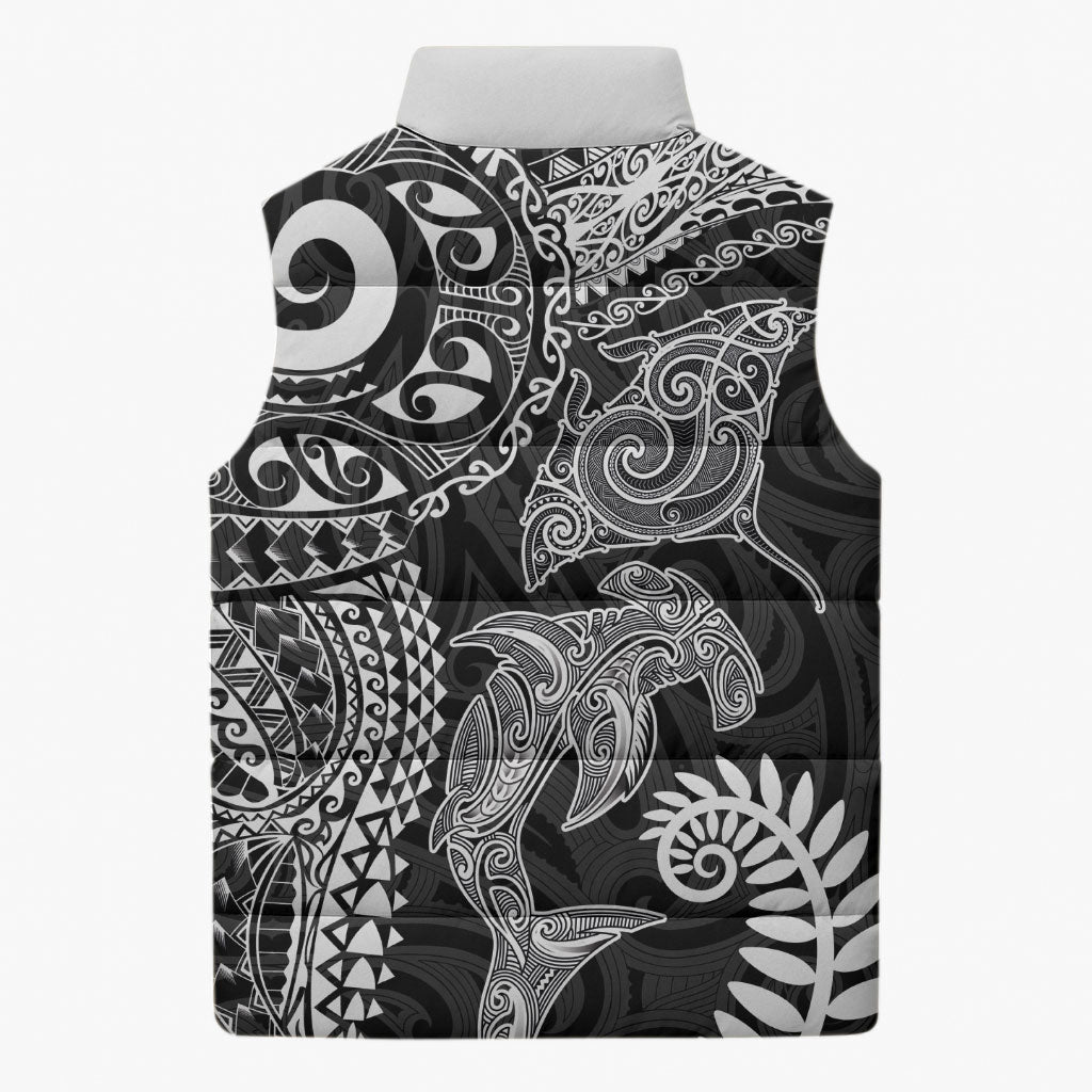 Aotearoa Maori Sea Animals Tribal Sleeveless Puffer Jacket Manta Ray and Shark Moko Pattern Black Color LT03 - Polynesian Pride