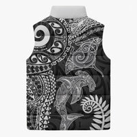 Aotearoa Maori Sea Animals Tribal Sleeveless Puffer Jacket Manta Ray and Shark Moko Pattern Black Color LT03 - Polynesian Pride