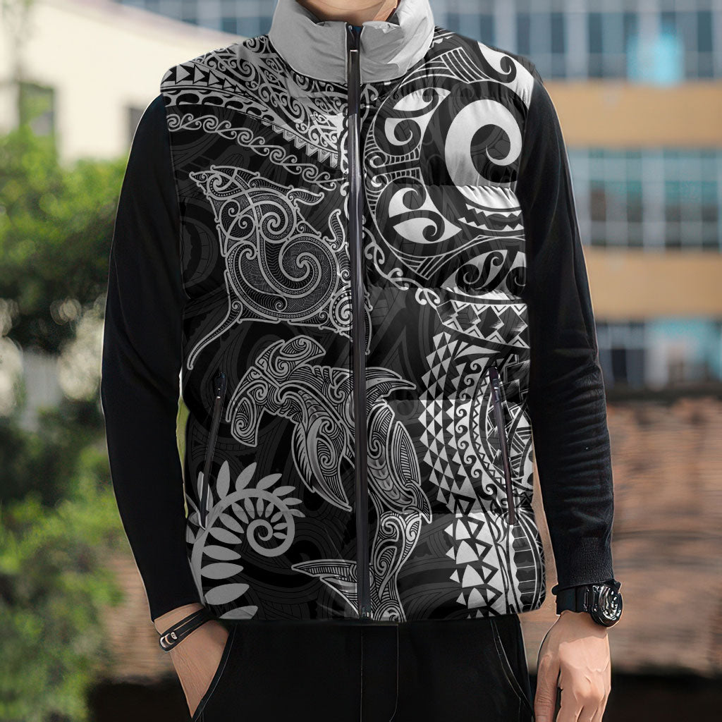 Aotearoa Maori Sea Animals Tribal Sleeveless Puffer Jacket Manta Ray and Shark Moko Pattern Black Color LT03 - Polynesian Pride