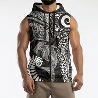 Aotearoa Maori Sea Animals Tribal Sleeveless Zip Hoodie Manta Ray and Shark Moko Pattern Black Color