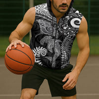 Aotearoa Maori Sea Animals Tribal Sleeveless Zip Hoodie Manta Ray and Shark Moko Pattern Black Color