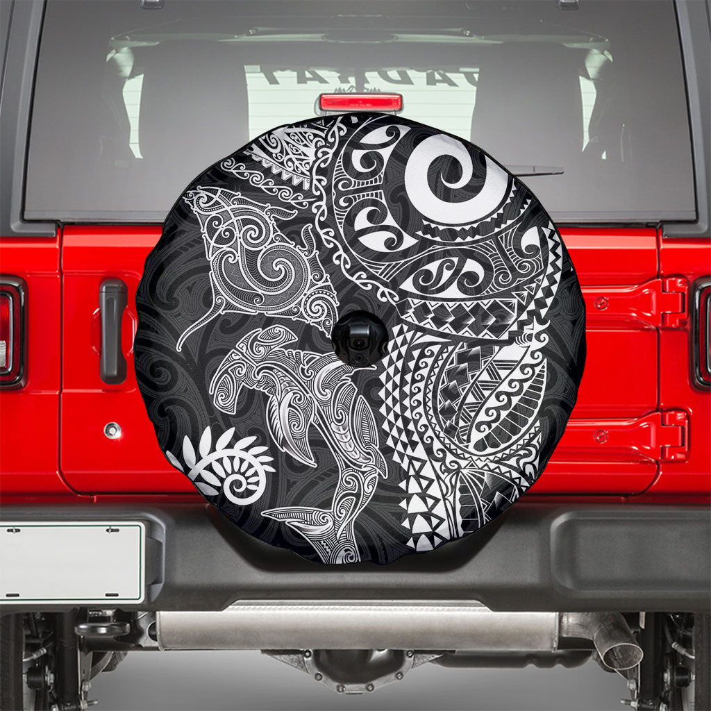 Aotearoa Maori Sea Animals Tribal Spare Tire Cover Manta Ray and Shark Moko Pattern Black Color