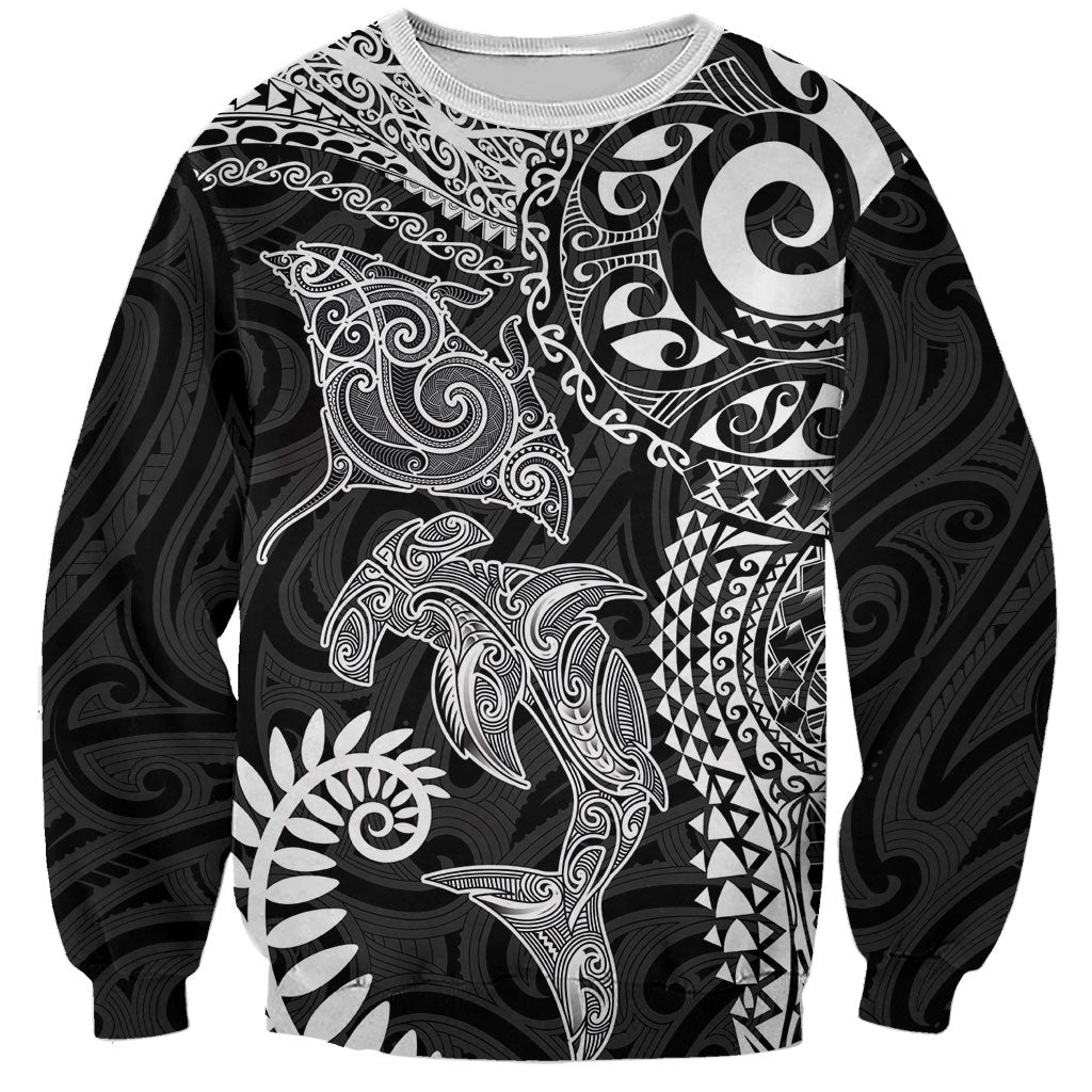 Aotearoa Maori Sea Animals Tribal Sweatshirt Manta Ray and Shark Moko Pattern Black Color
