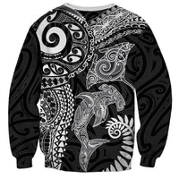 Aotearoa Maori Sea Animals Tribal Sweatshirt Manta Ray and Shark Moko Pattern Black Color
