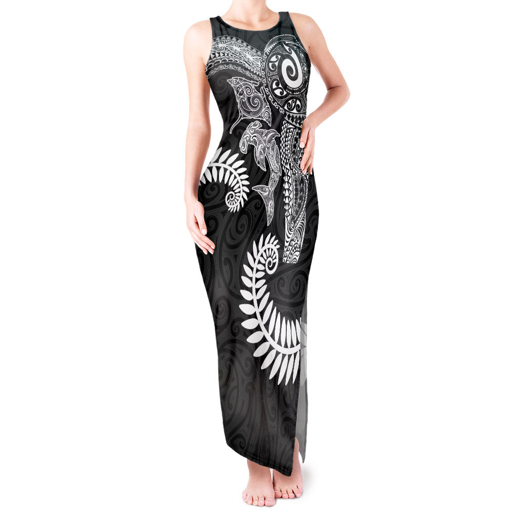 Aotearoa Maori Sea Animals Tribal Tank Maxi Dress Manta Ray and Shark Moko Pattern Black Color