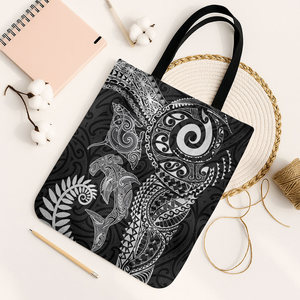 Aotearoa Maori Sea Animals Tribal Tote Bag Manta Ray and Shark Moko Pattern Black Color LT03 Black Strap One Size Black - Polynesian Pride