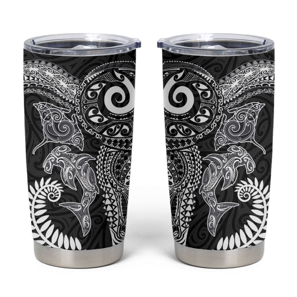 Aotearoa Maori Sea Animals Tribal Tumbler Cup Manta Ray and Shark Moko Pattern Black Color