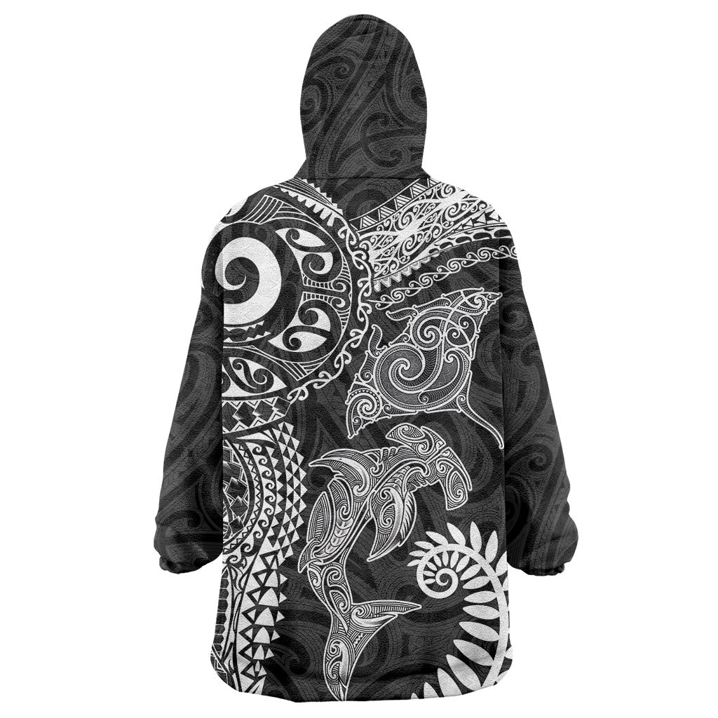 Aotearoa Maori Sea Animals Tribal Wearable Blanket Hoodie Manta Ray and Shark Moko Pattern Black Color