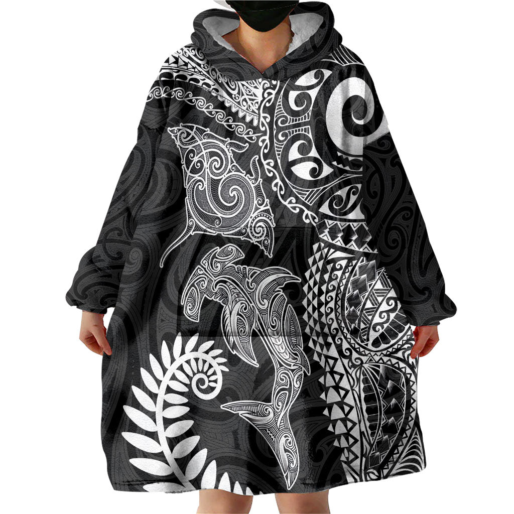 Aotearoa Maori Sea Animals Tribal Wearable Blanket Hoodie Manta Ray and Shark Moko Pattern Black Color