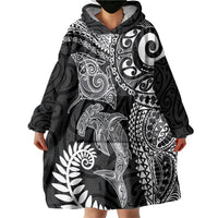 Aotearoa Maori Sea Animals Tribal Wearable Blanket Hoodie Manta Ray and Shark Moko Pattern Black Color