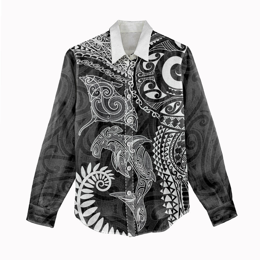 Aotearoa Maori Sea Animals Tribal Women Casual Shirt Manta Ray and Shark Moko Pattern Black Color