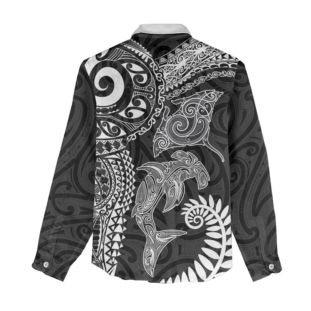 Aotearoa Maori Sea Animals Tribal Women Casual Shirt Manta Ray and Shark Moko Pattern Black Color