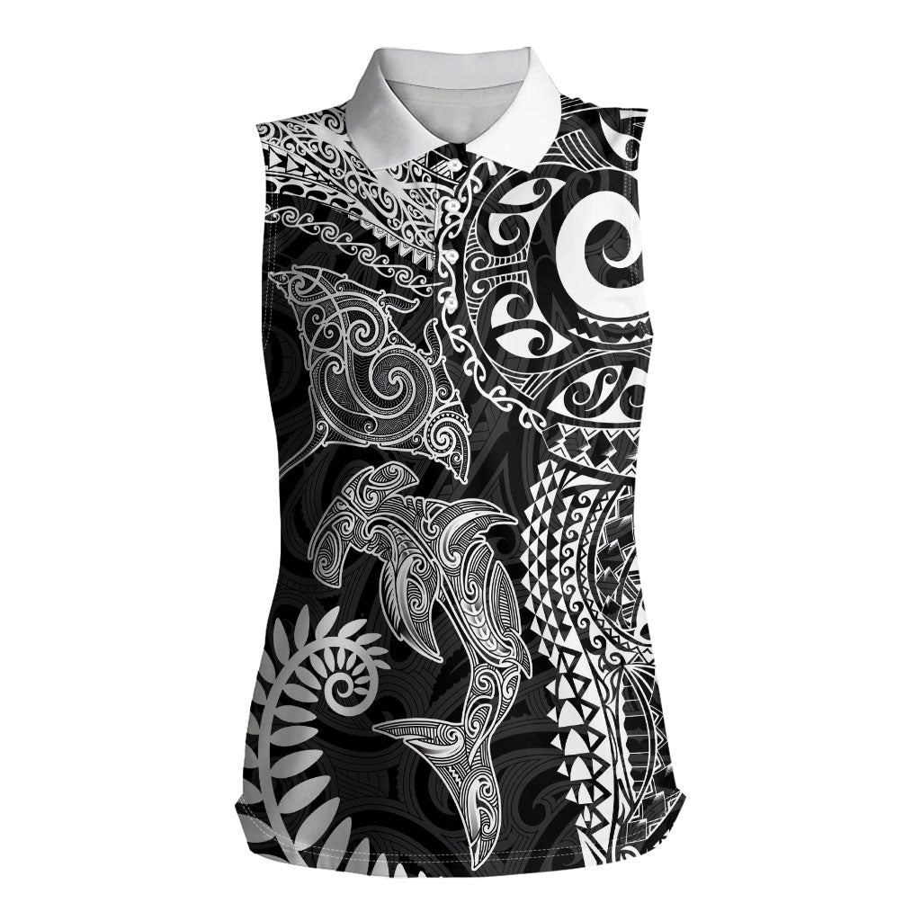 Aotearoa Maori Sea Animals Tribal Women Sleeveless Polo Shirt Manta Ray and Shark Moko Pattern Black Color LT03 Female Black - Polynesian Pride