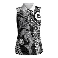 Aotearoa Maori Sea Animals Tribal Women Sleeveless Polo Shirt Manta Ray and Shark Moko Pattern Black Color LT03 Female Black - Polynesian Pride