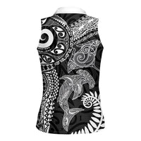 Aotearoa Maori Sea Animals Tribal Women Sleeveless Polo Shirt Manta Ray and Shark Moko Pattern Black Color LT03 - Polynesian Pride