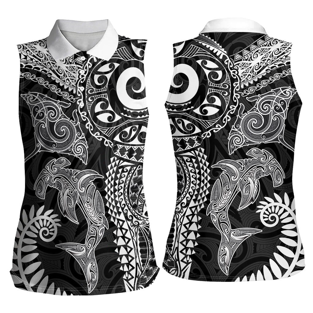 Aotearoa Maori Sea Animals Tribal Women Sleeveless Polo Shirt Manta Ray and Shark Moko Pattern Black Color LT03 - Polynesian Pride