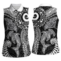 Aotearoa Maori Sea Animals Tribal Women Sleeveless Polo Shirt Manta Ray and Shark Moko Pattern Black Color LT03 - Polynesian Pride