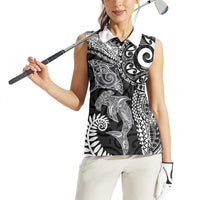 Aotearoa Maori Sea Animals Tribal Women Sleeveless Polo Shirt Manta Ray and Shark Moko Pattern Black Color LT03 - Polynesian Pride