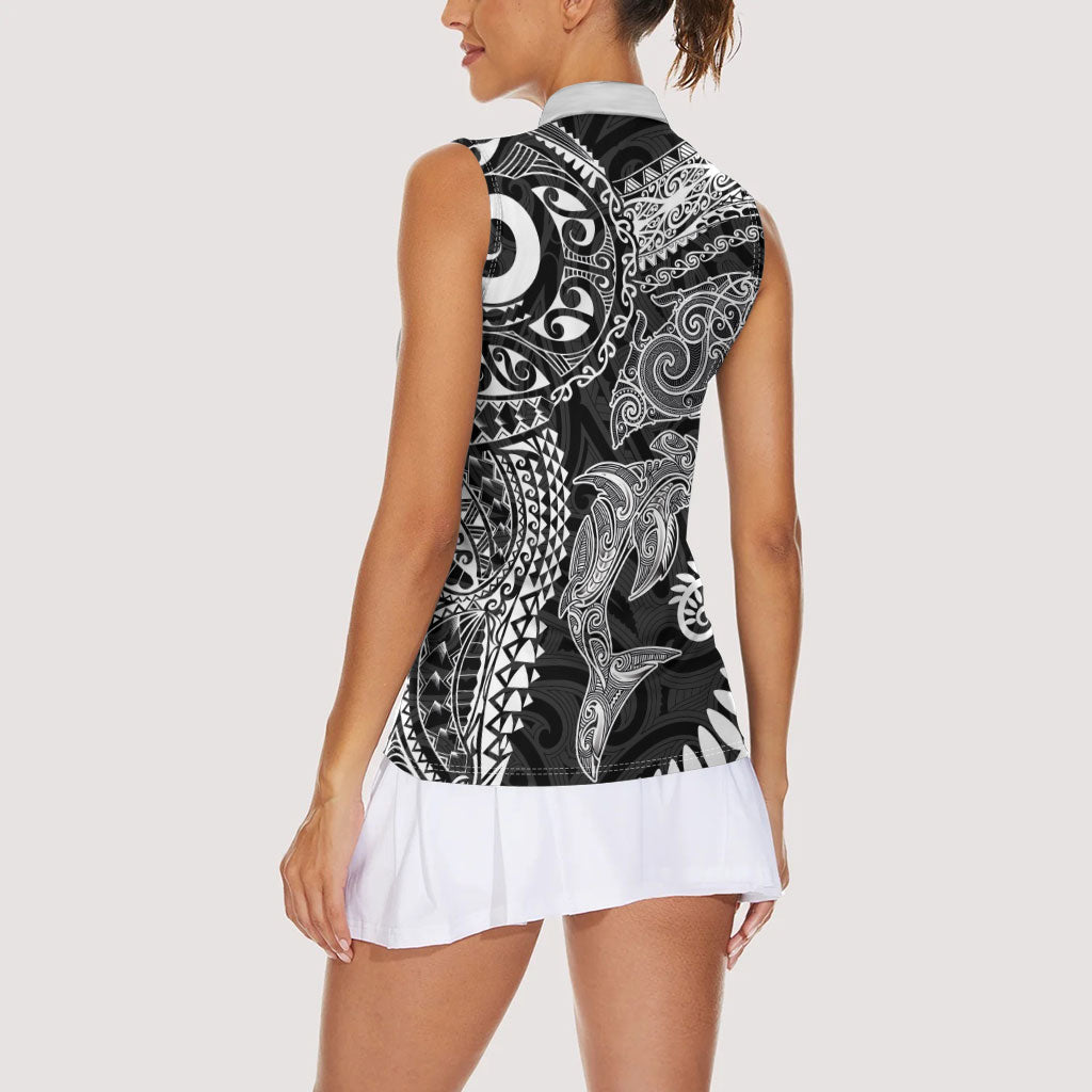 Aotearoa Maori Sea Animals Tribal Women Sleeveless Polo Shirt Manta Ray and Shark Moko Pattern Black Color LT03 - Polynesian Pride
