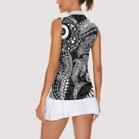 Aotearoa Maori Sea Animals Tribal Women Sleeveless Polo Shirt Manta Ray and Shark Moko Pattern Black Color LT03 - Polynesian Pride