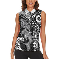 Aotearoa Maori Sea Animals Tribal Women Sleeveless Polo Shirt Manta Ray and Shark Moko Pattern Black Color LT03 - Polynesian Pride