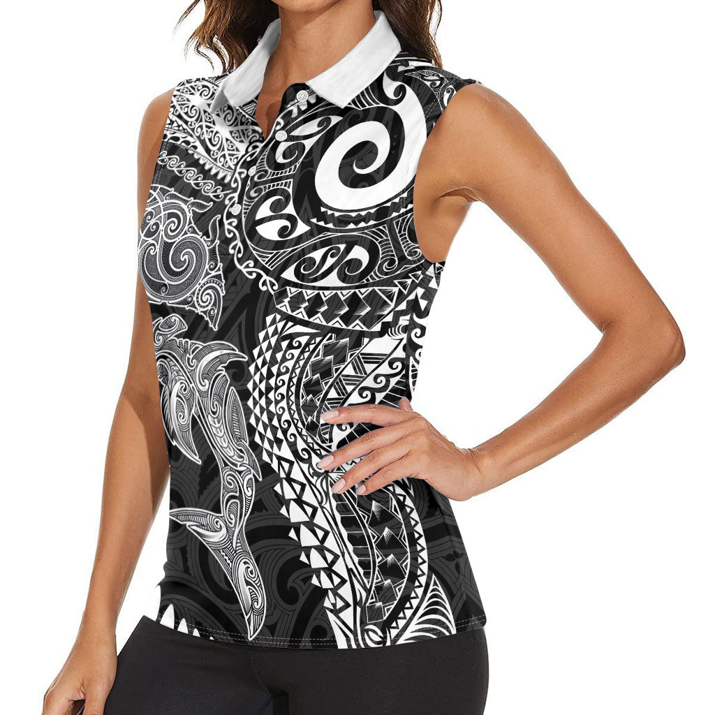 Aotearoa Maori Sea Animals Tribal Women Sleeveless Polo Shirt Manta Ray and Shark Moko Pattern Black Color LT03 - Polynesian Pride