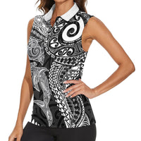 Aotearoa Maori Sea Animals Tribal Women Sleeveless Polo Shirt Manta Ray and Shark Moko Pattern Black Color LT03 - Polynesian Pride