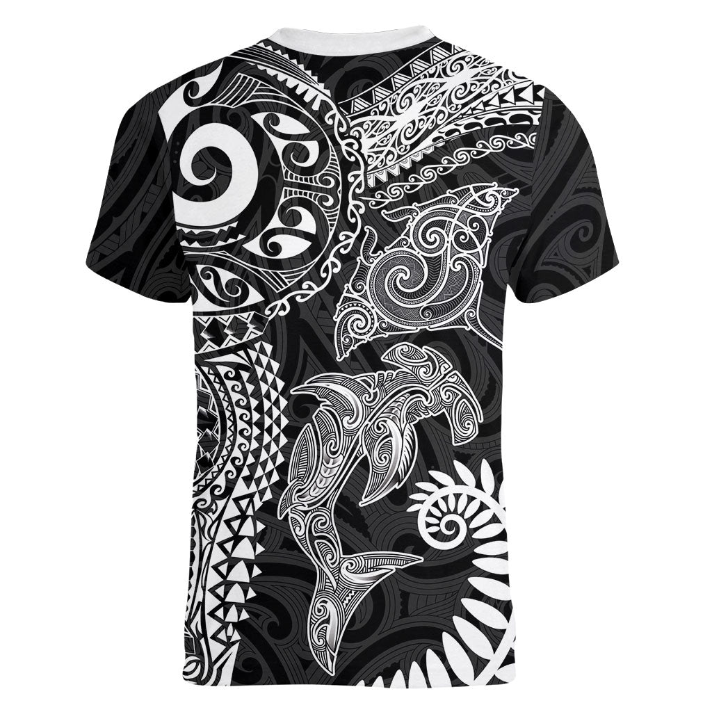 Aotearoa Maori Sea Animals Tribal Women V-Neck T-Shirt Manta Ray and Shark Moko Pattern Black Color