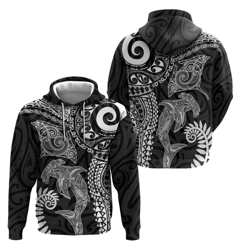 Aotearoa Maori Sea Animals Tribal Zip Hoodie Manta Ray and Shark Moko Pattern Black Color