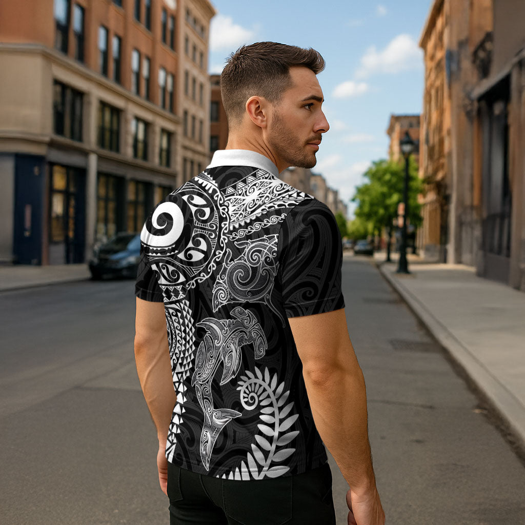 Aotearoa Maori Sea Animals Tribal Zipper Polo Shirt Manta Ray and Shark Moko Pattern Black Color