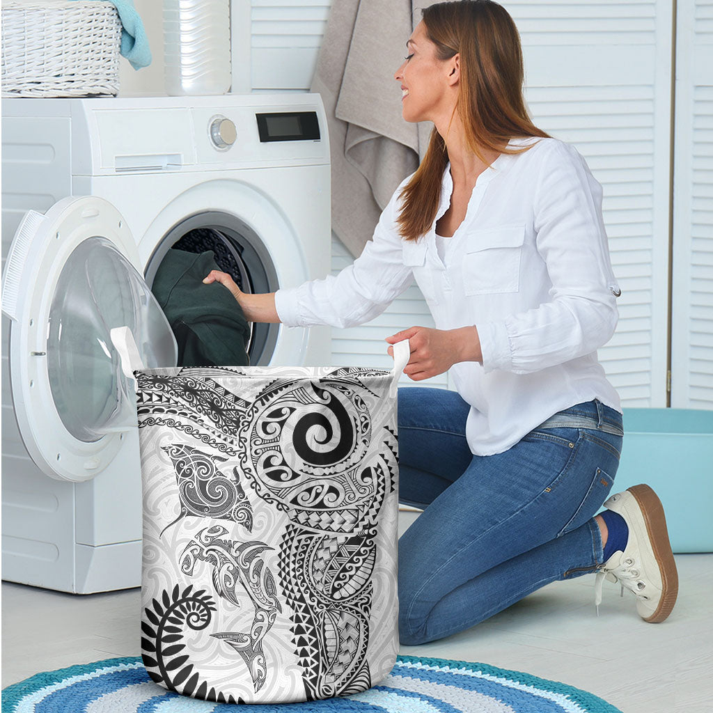Aotearoa Maori Sea Animals Tribal Laundry Basket Manta Ray and Shark Moko Pattern White Color