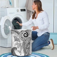 Aotearoa Maori Sea Animals Tribal Laundry Basket Manta Ray and Shark Moko Pattern White Color