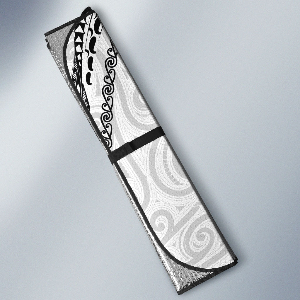 Aotearoa Maori Sea Animals Tribal Auto Sun Shade Manta Ray and Shark Moko Pattern White Color