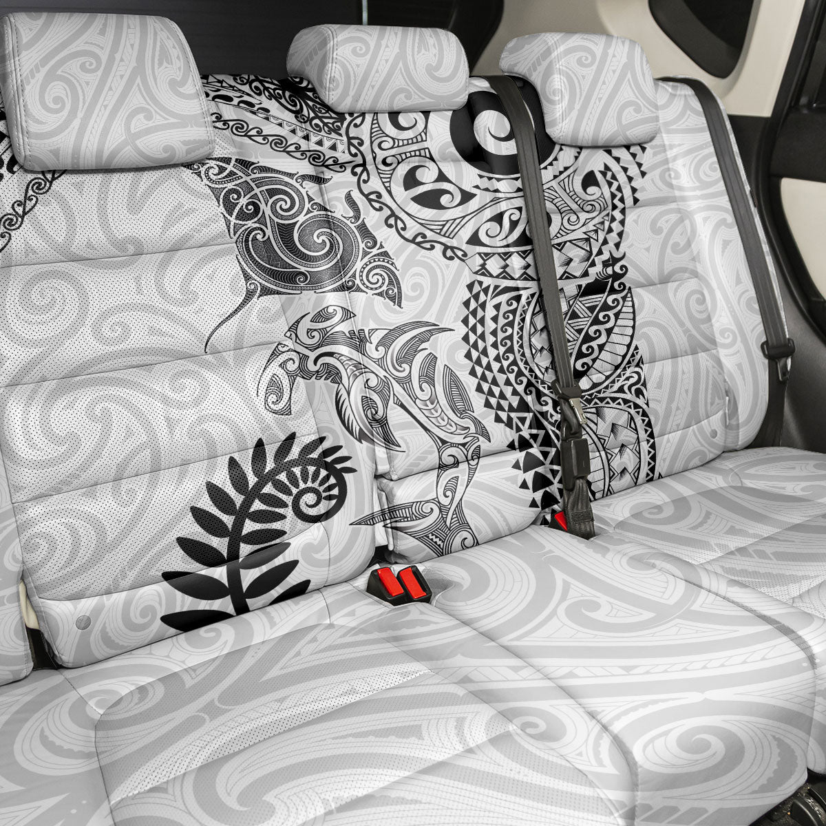 Aotearoa Maori Sea Animals Tribal Back Car Seat Cover Manta Ray and Shark Moko Pattern White Color