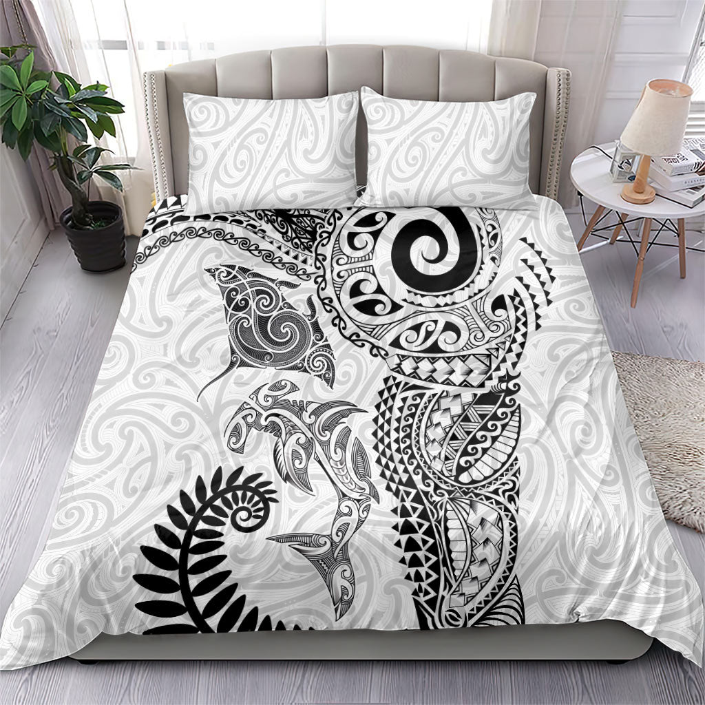 Aotearoa Maori Sea Animals Tribal Bedding Set Manta Ray and Shark Moko Pattern White Color LT03 - Polynesian Pride