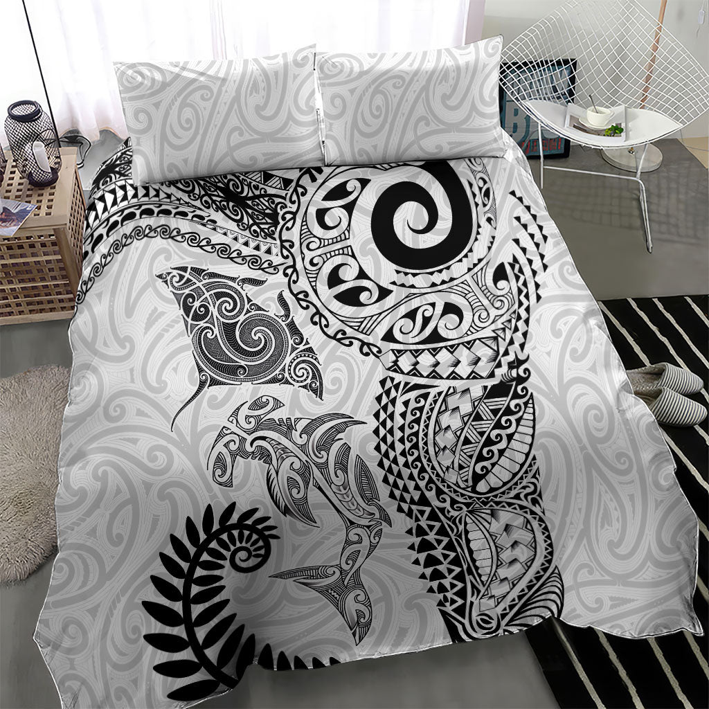 Aotearoa Maori Sea Animals Tribal Bedding Set Manta Ray and Shark Moko Pattern White Color LT03 - Polynesian Pride