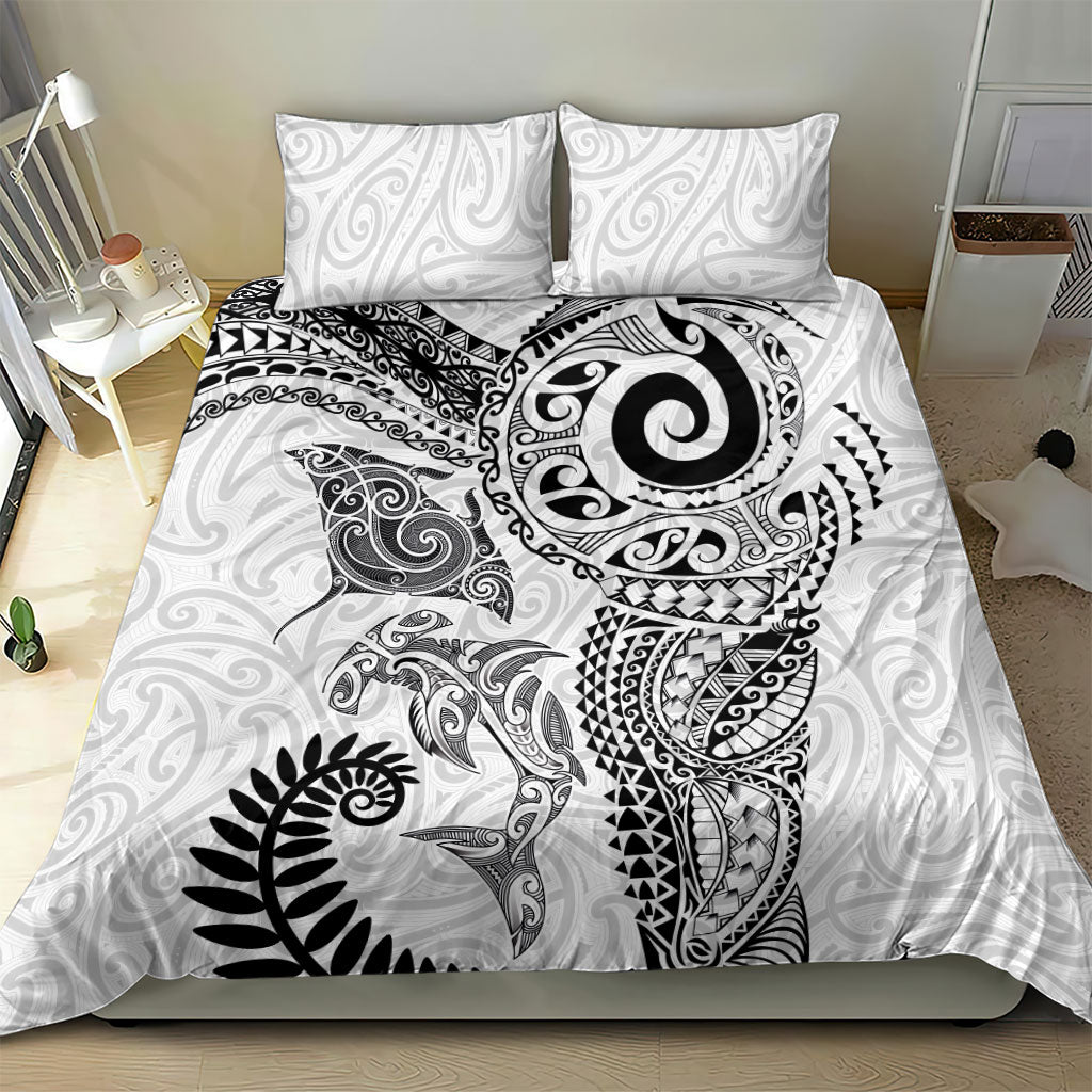 Aotearoa Maori Sea Animals Tribal Bedding Set Manta Ray and Shark Moko Pattern White Color LT03 - Polynesian Pride