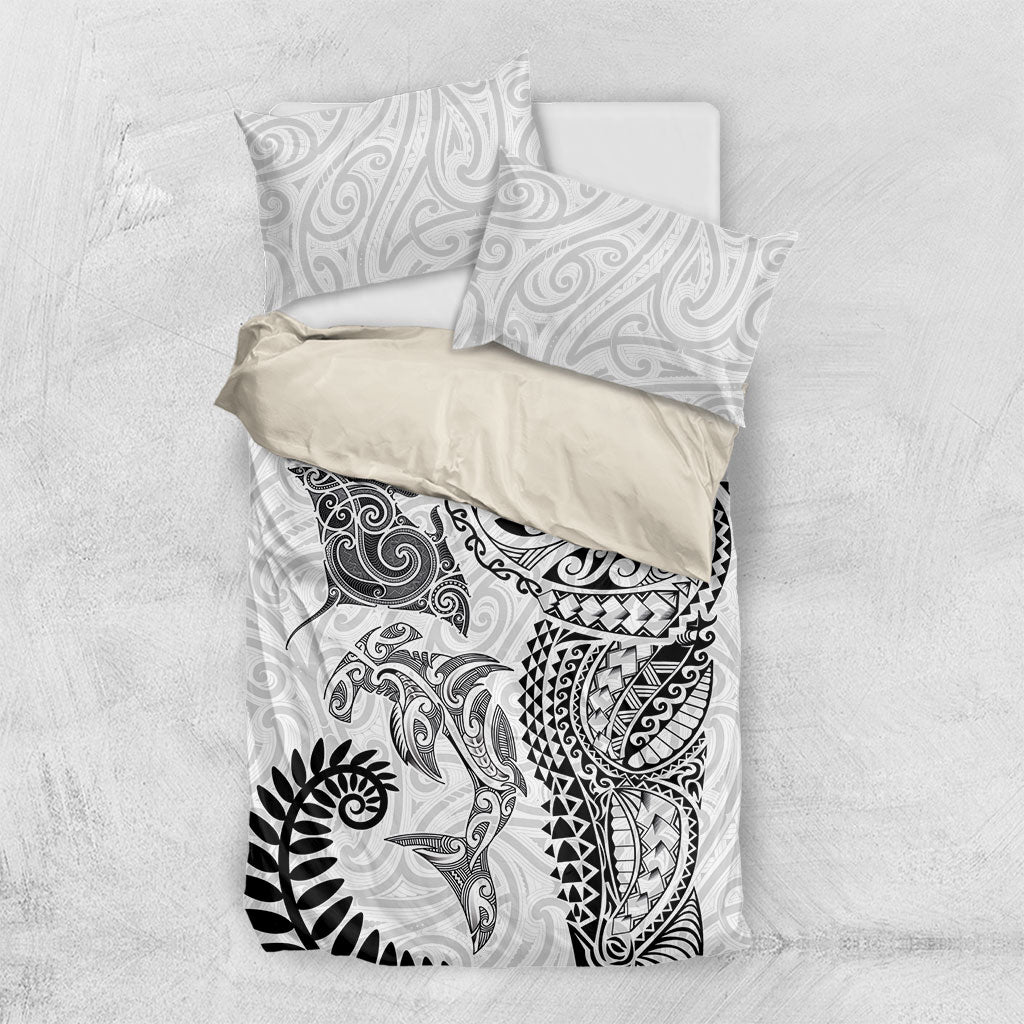 Aotearoa Maori Sea Animals Tribal Bedding Set Manta Ray and Shark Moko Pattern White Color LT03 US Twin 172cm x 218cm White - Polynesian Pride
