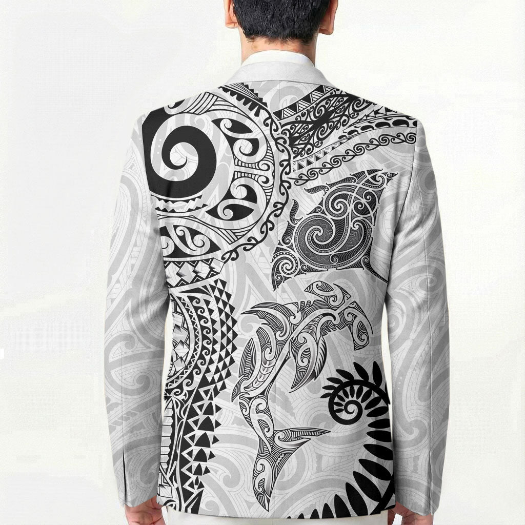 Aotearoa Maori Sea Animals Tribal Blazer Manta Ray and Shark Moko Pattern White Color