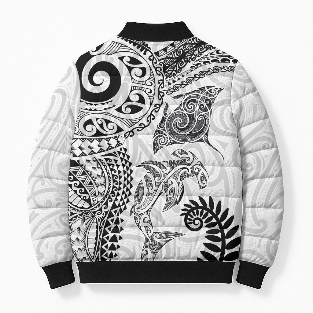 Aotearoa Maori Sea Animals Tribal Bomber Puffer Jacket Manta Ray and Shark Moko Pattern White Color