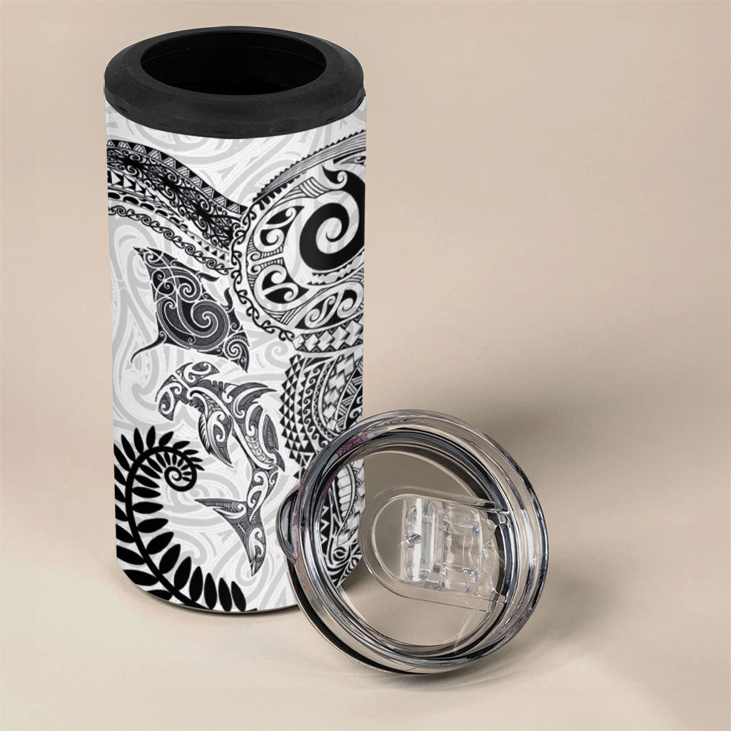 Aotearoa Maori Sea Animals Tribal 4 in 1 Can Cooler Tumbler Manta Ray and Shark Moko Pattern White Color