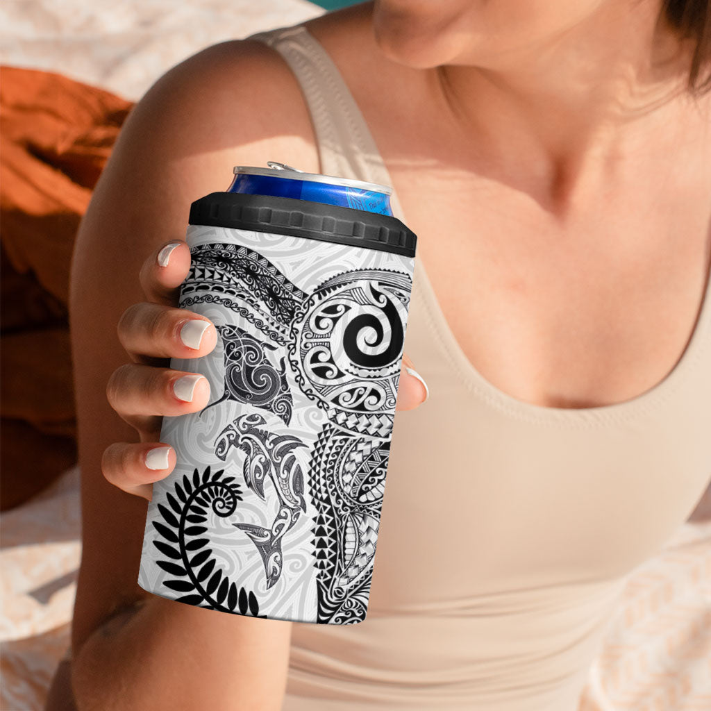 Aotearoa Maori Sea Animals Tribal 4 in 1 Can Cooler Tumbler Manta Ray and Shark Moko Pattern White Color