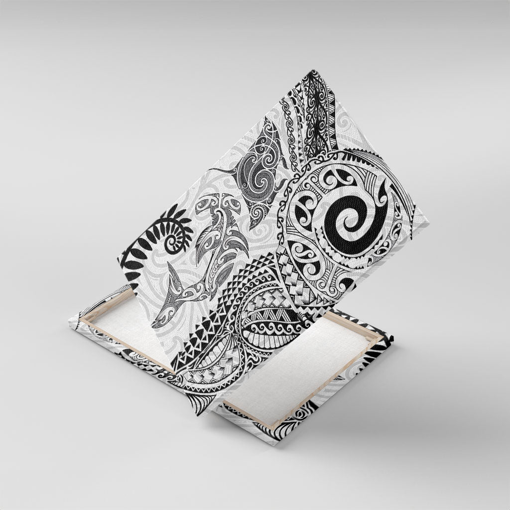 Aotearoa Maori Sea Animals Tribal Canvas Wall Art Manta Ray and Shark Moko Pattern White Color