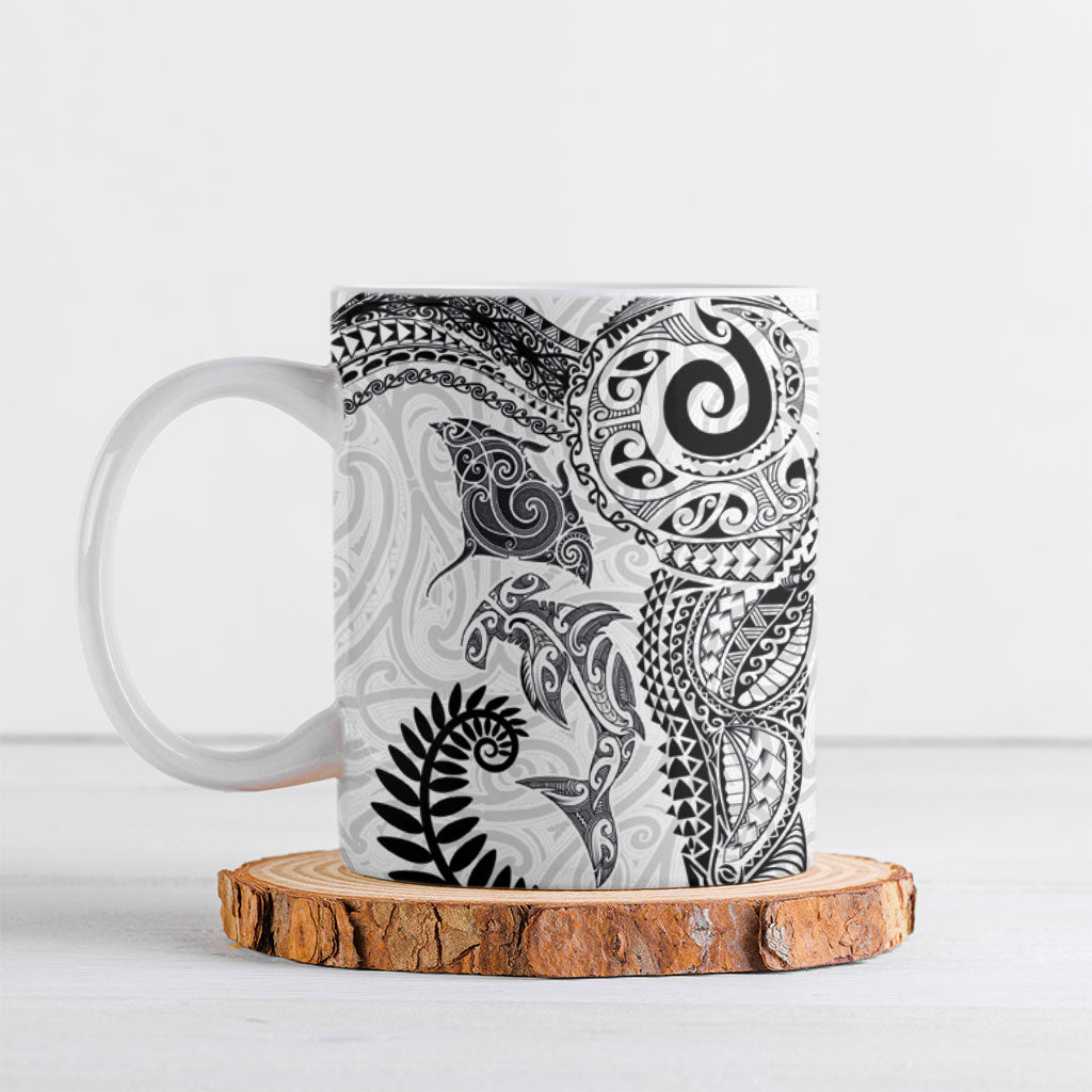 Aotearoa Maori Sea Animals Tribal Ceramic Mug Manta Ray and Shark Moko Pattern White Color