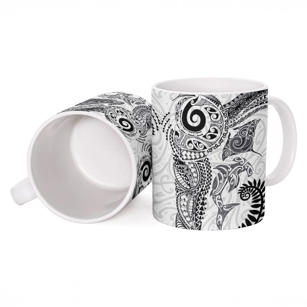 Aotearoa Maori Sea Animals Tribal Ceramic Mug Manta Ray and Shark Moko Pattern White Color